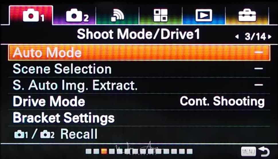 Shoot and Drive mode settings page 1red camera icon page 3