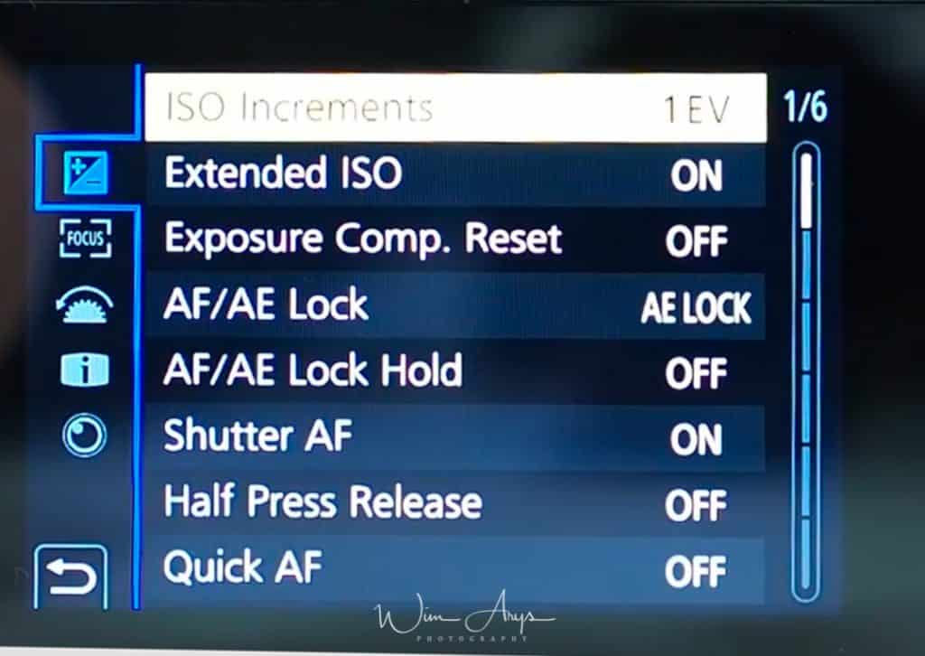 Panasonic G9 menus exposure settings Wim Arys photography