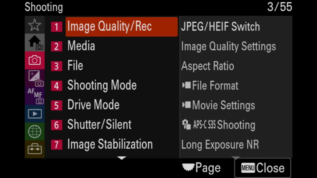 Sony A7rV image quality/REC menu