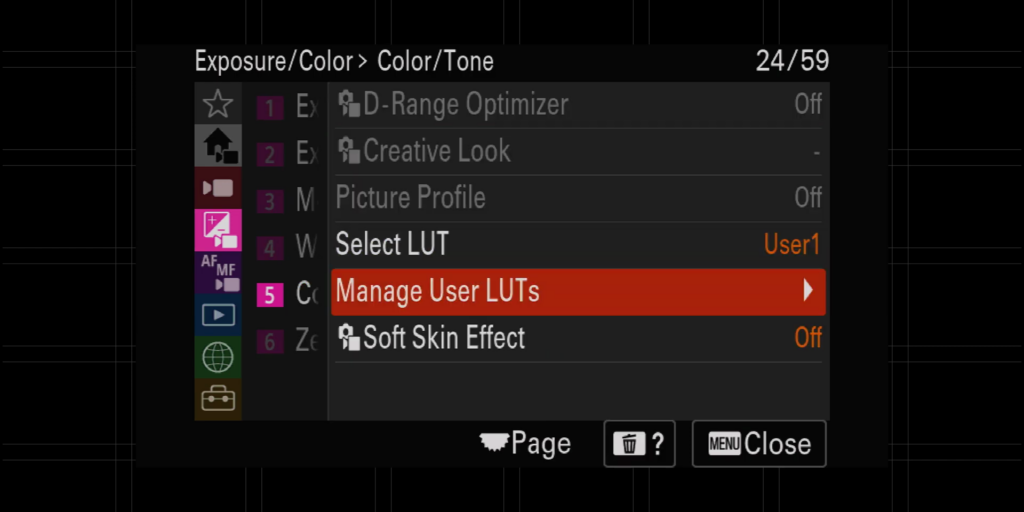 Camera menu highlighting user LUTS