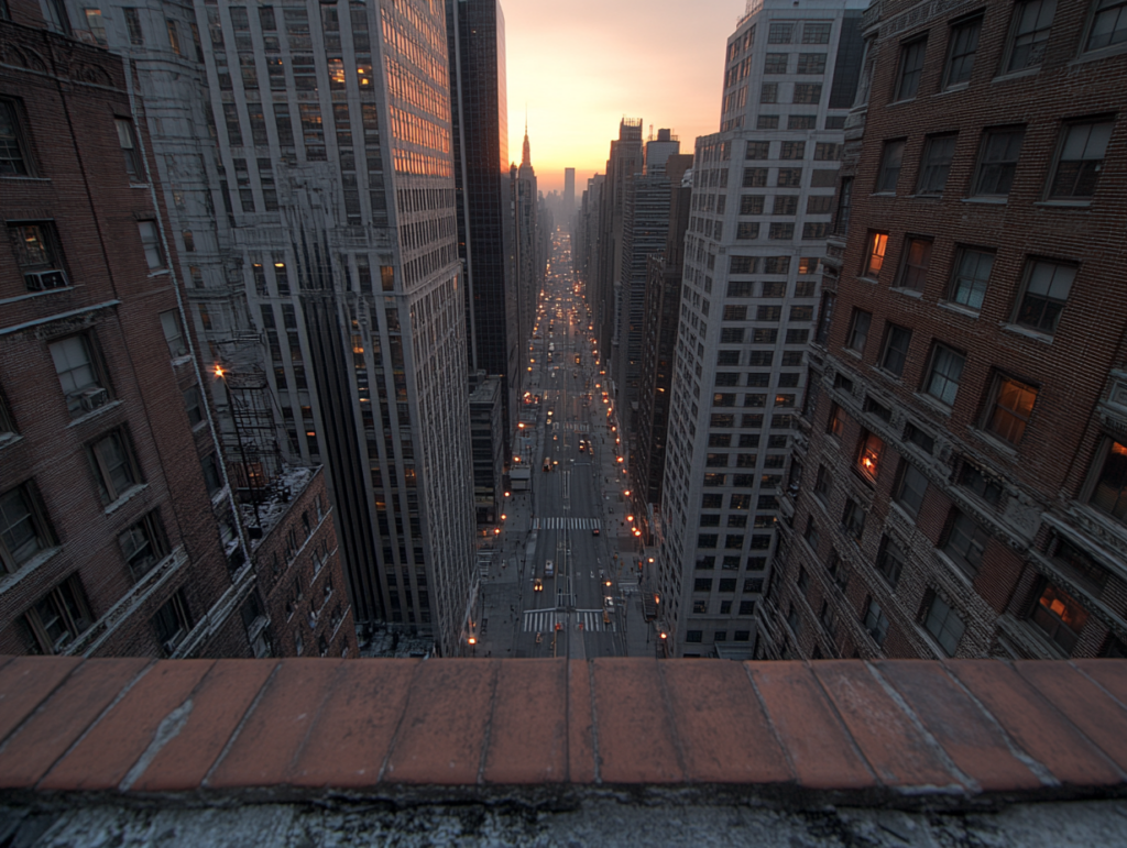 high contrast cityscape at golden hour